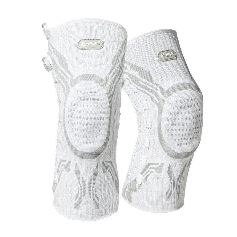Grey and white professional sports kneecap for left foot, designed for basketball, running, and football.