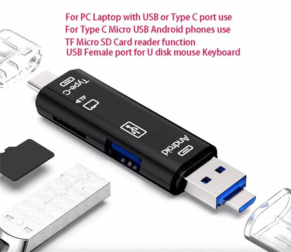 USB C to micro USB OTG hub adapter with TF card reader in black and white colour options