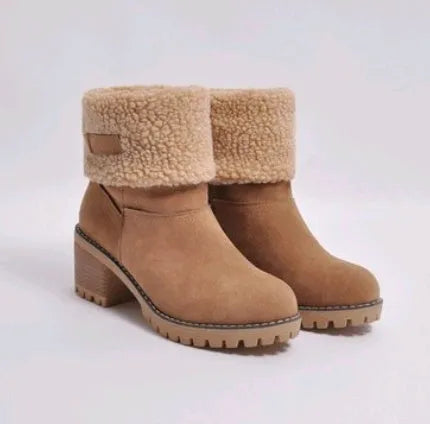 Women's mid-calf suede snow boots with a thick low heel and round toe in grey.