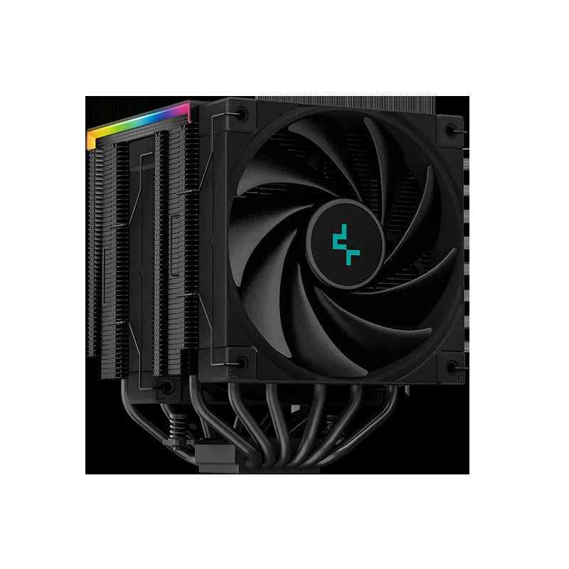 DeepCool black twin tower CPU air cooler with digital temperature display installed on a motherboard.