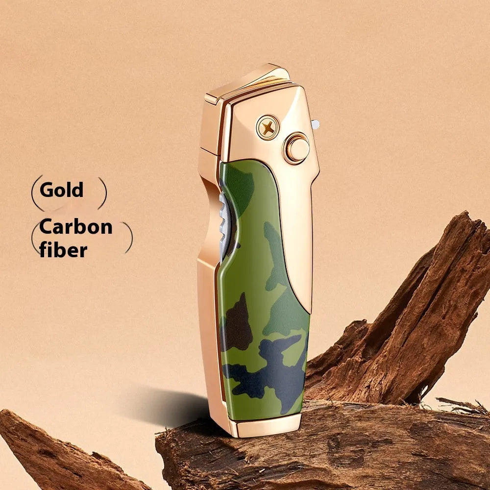 Zinc alloy folding knife and jet lighter multi-tool in black with wood grain finish, showing closed position.