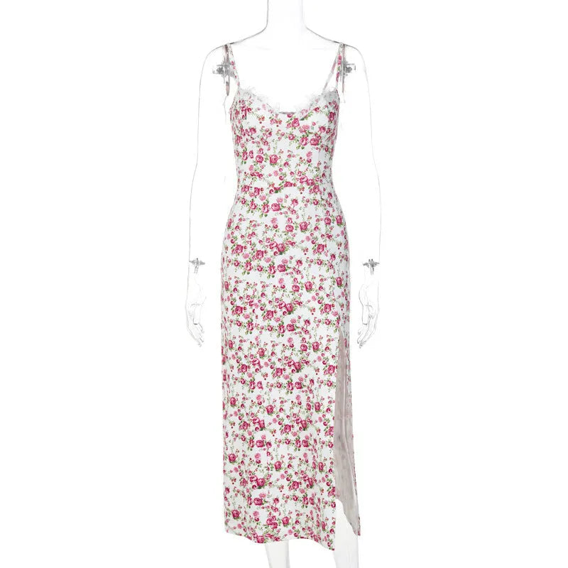 Lace flowers print long dress with front slit and suspender straps in solid colour options
