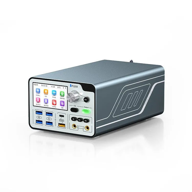 P3208 smart regulated 320W power supply and meter with 3.0-inch display on a workbench.
