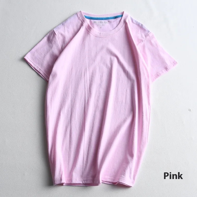 Men's solid colour cotton round neck t-shirt on hanger showing short sleeve design