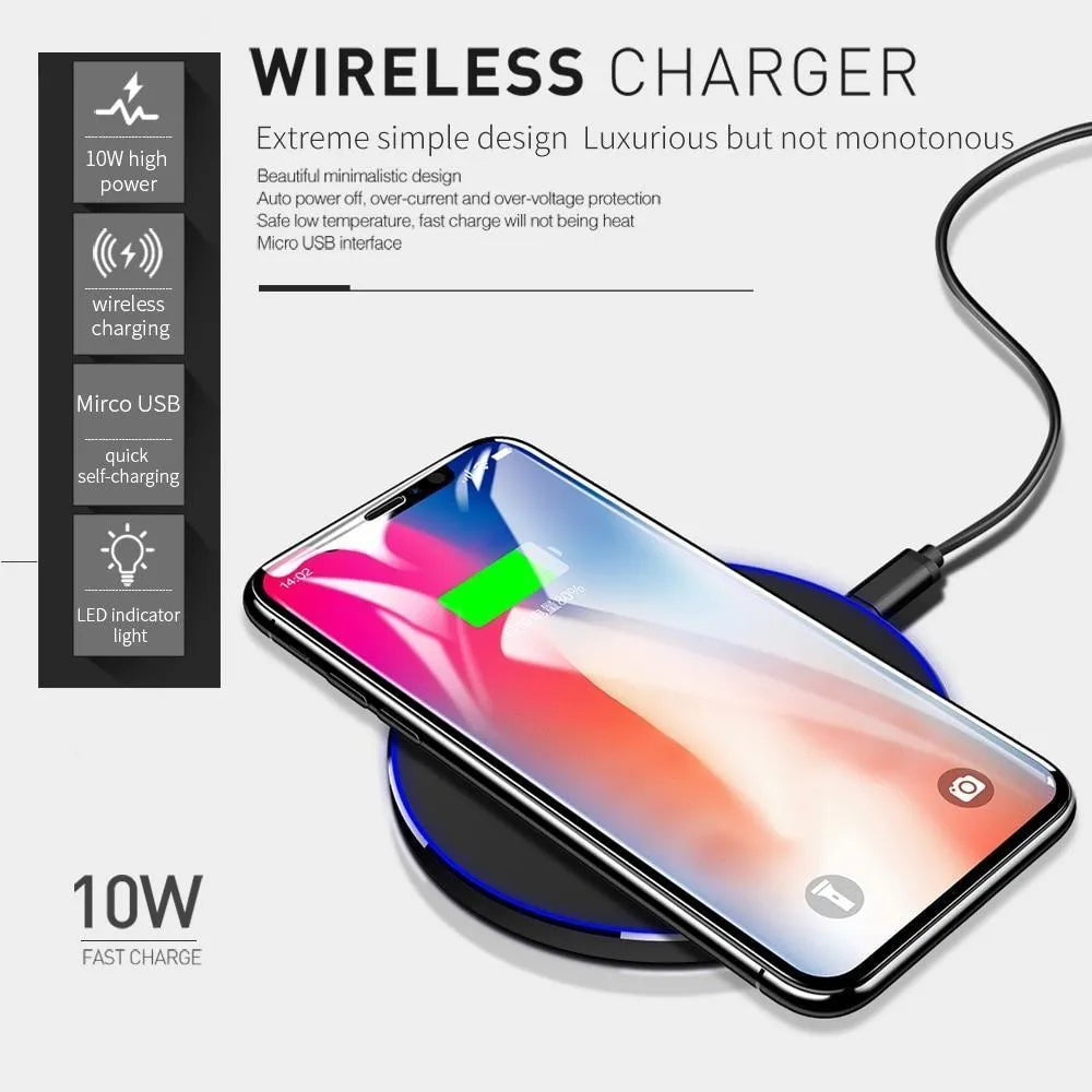 Black ultra-thin wireless charging pad with 9V fast charging for smartphones