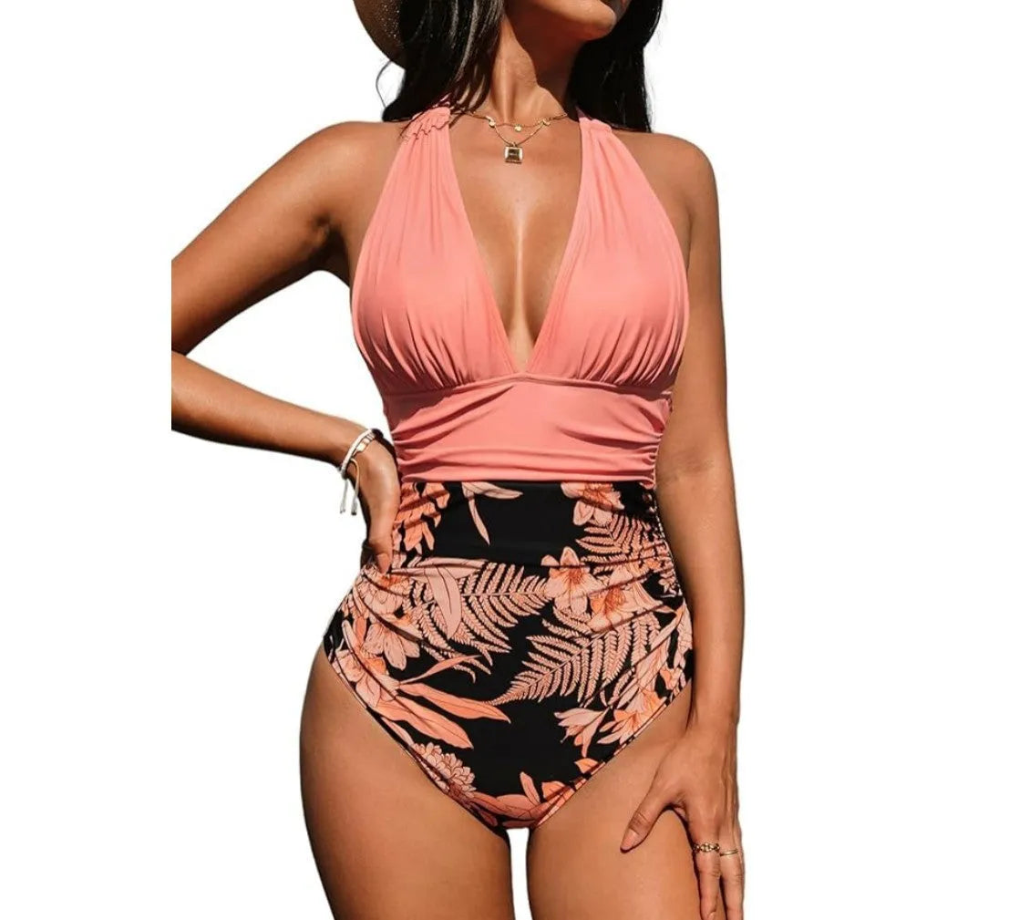 Women's one-piece halter neck swimsuit in quick-dry polyester, showing colour options like pink floral and leopard print.