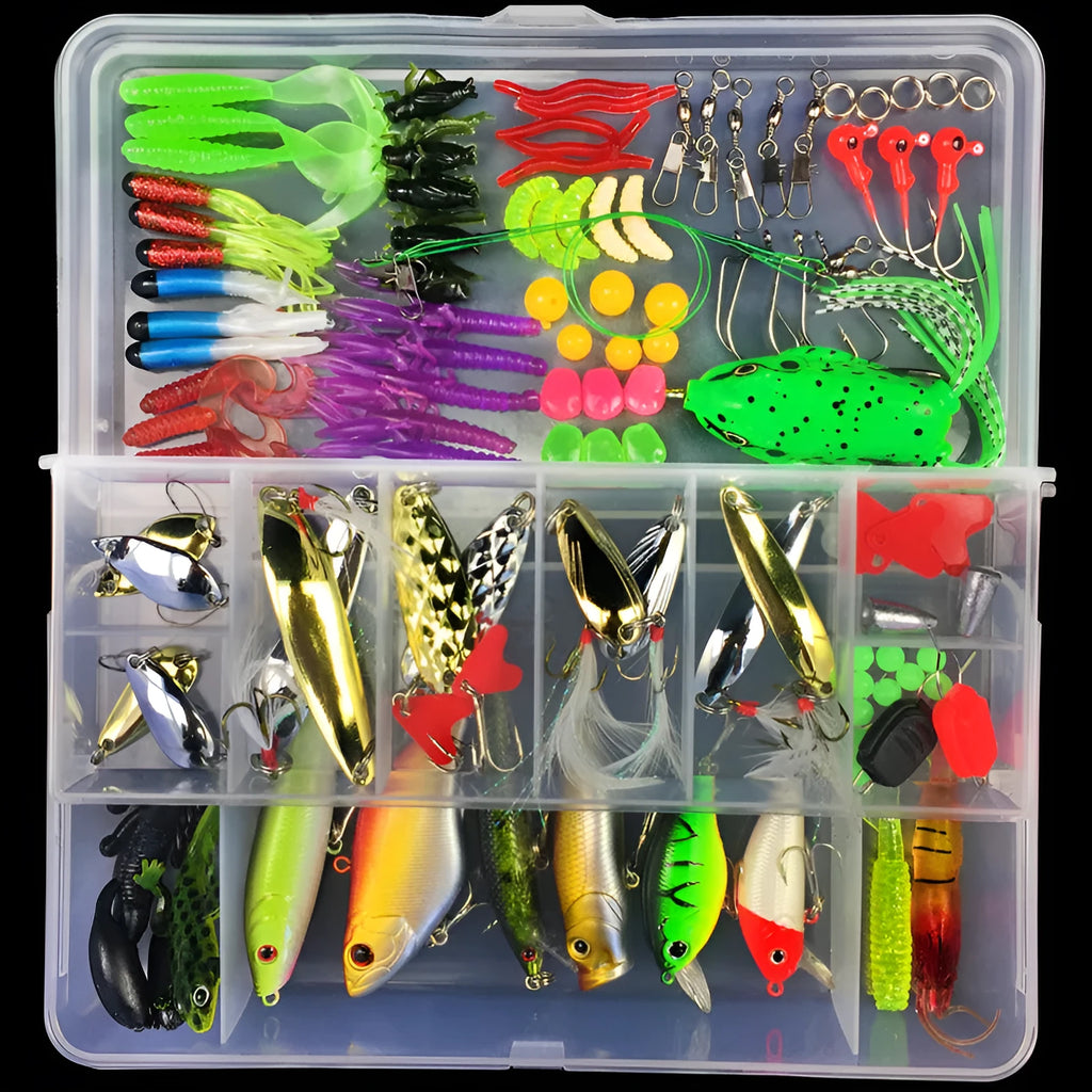 Junior entry-level fishing lure suit set in a hard black PP plastic storage box with multiple lures visible.