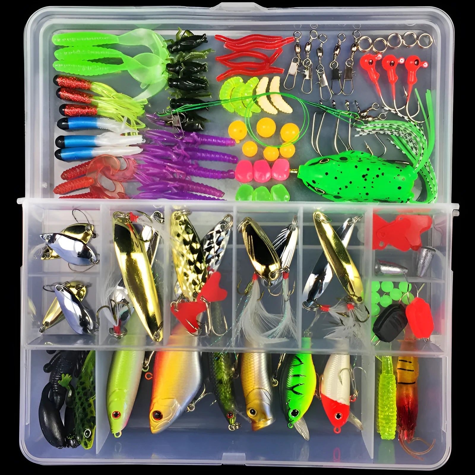 Junior entry-level fishing lure suit set in a hard black PP plastic storage box with multiple lures visible.