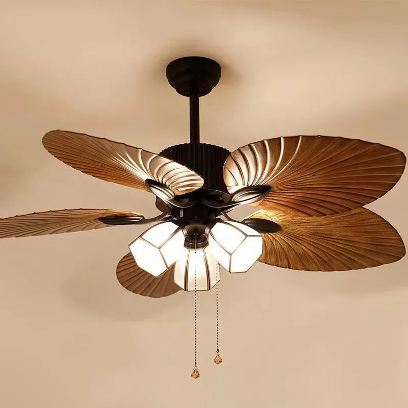 52-inch retro style ceiling fan light with wooden blades and integrated three-light fixture