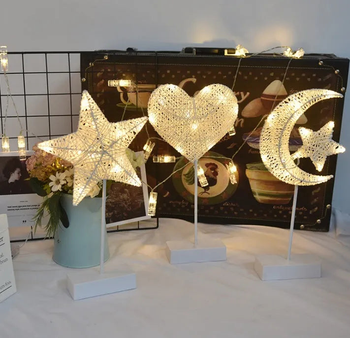 Rattan decorative LED star lamp and love heart lamp with battery power for bedroom decoration