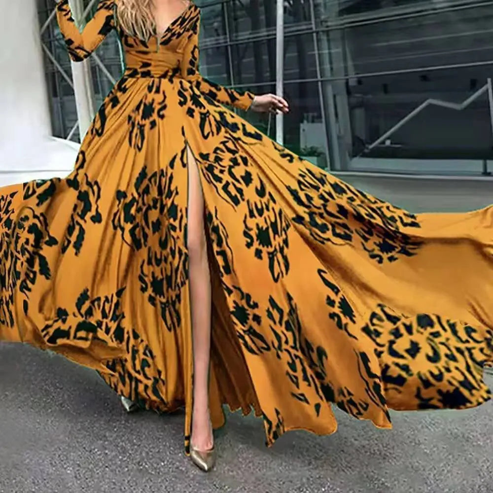 Women's leopard-print deep V split slim-fit long sleeve dress in polyester fabric with 3D digital printing