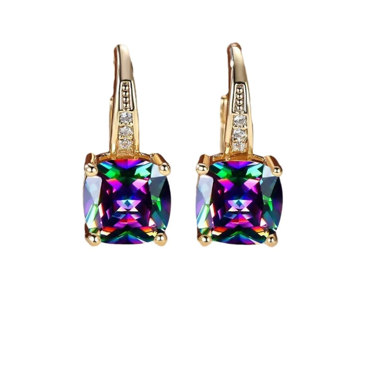Square geometric ear clip earrings with colourful moissanite inlays and electroplated gold finish