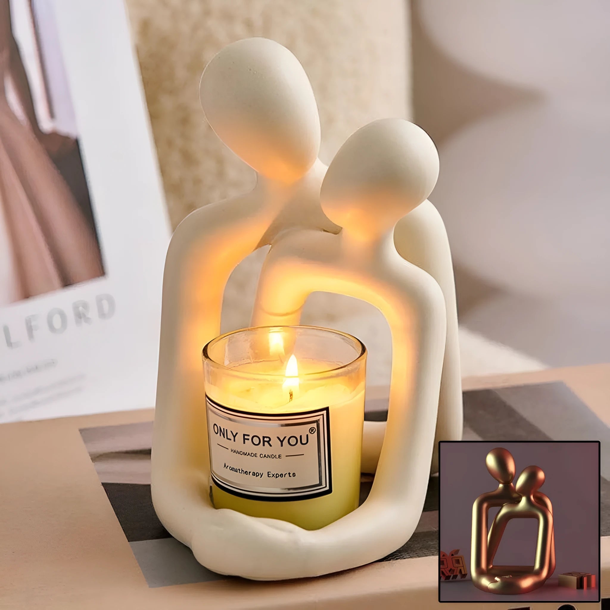 Modern resin couple statue figurine in milk white or gold finish for shelf or desk decor.
