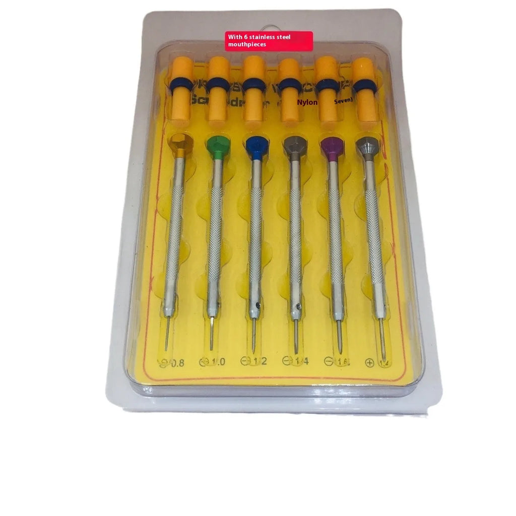 Six colour-coded aluminium handle screwdrivers with copper grips for watch and precision repair work.