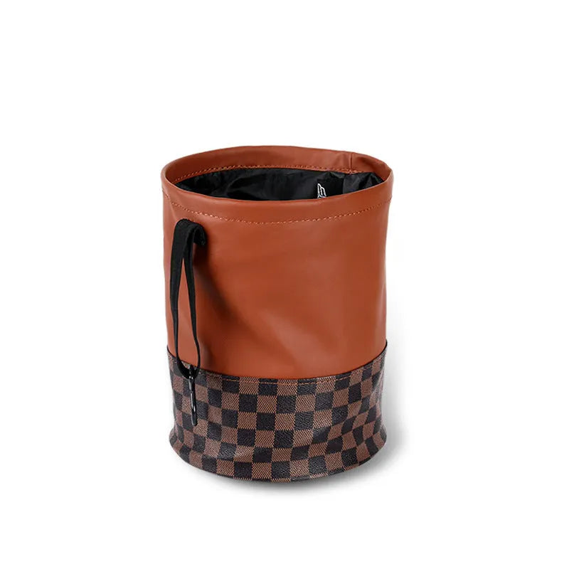 Retractable leather car interior trash can shown in available colour with folding handle design