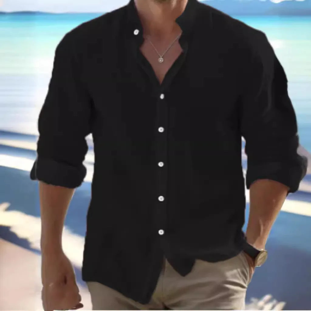 A man's light grey casual pullover shirt made from long-staple cotton fabric, shown on a hanger.