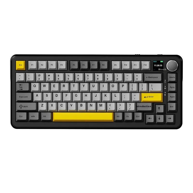 Three-mode wireless mechanical keyboard with hot-swappable switches in black, grey, and yellow colour options