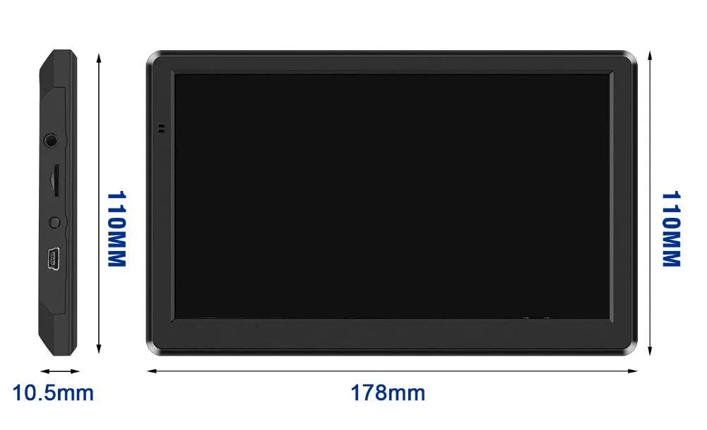 7 inch portable car GPS navigation device on a dashboard showing map display.