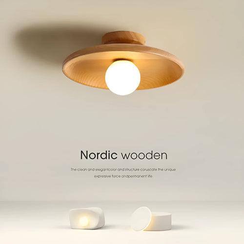 Minimalist solid wood and glass ceiling lamp in a walnut colour finish
