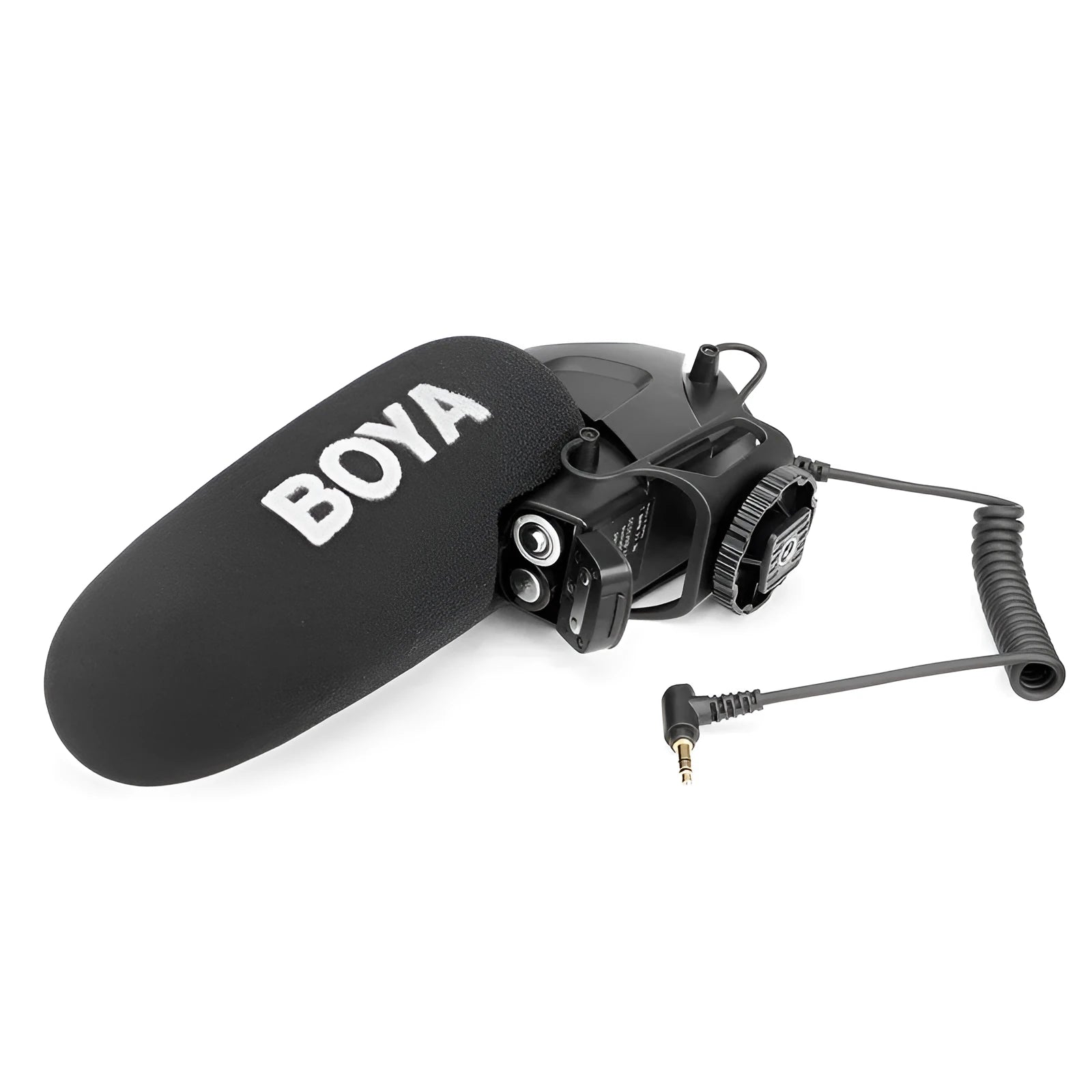 Set top super-heart directional wired microphone with metal grille on desk recording setup