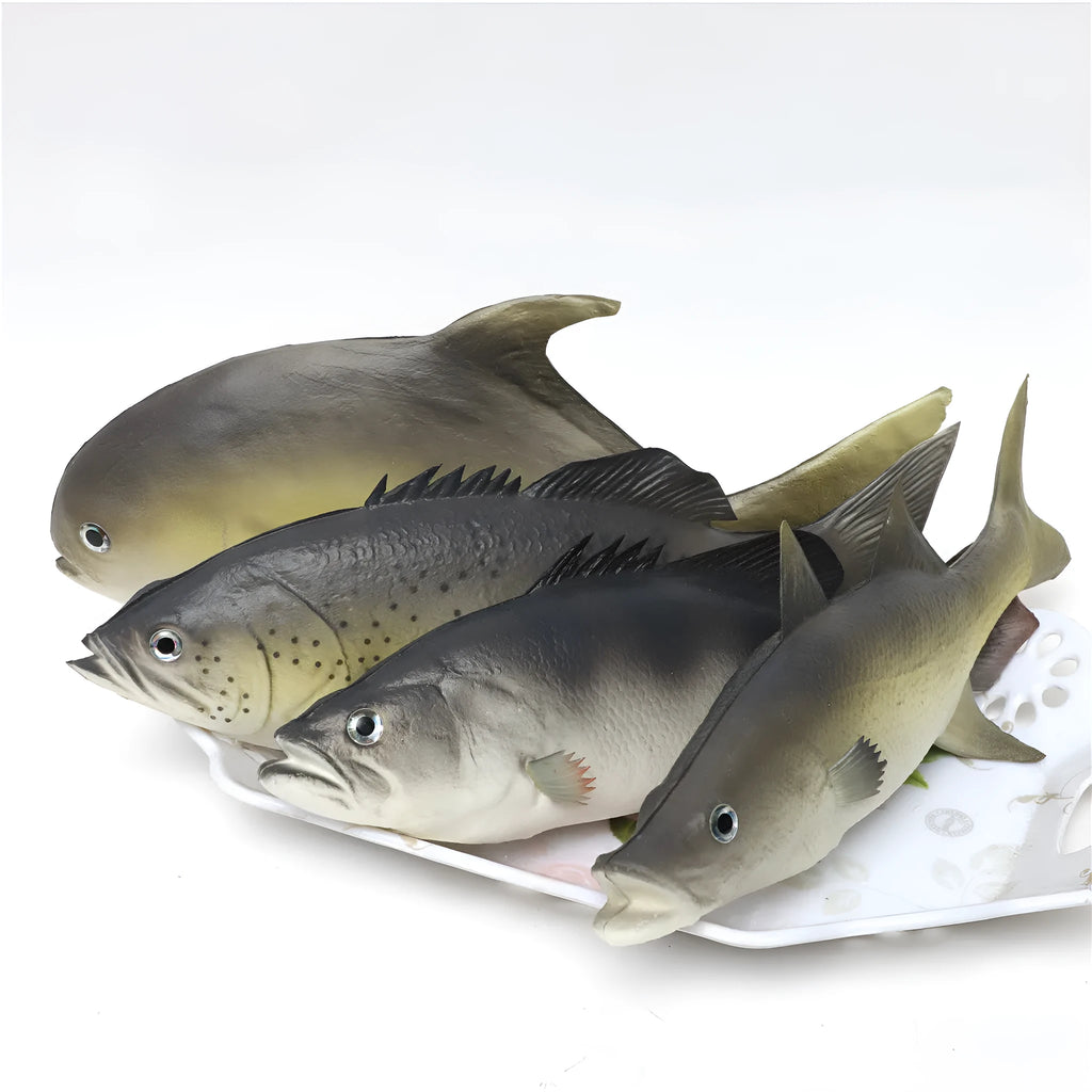 Three PU simulated fish models showing yellow-fin tuna variations on display surface