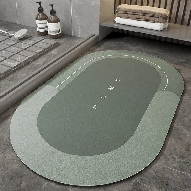 Blended fabric bathroom floor mat in oval and rectangular shapes on a tiled floor.