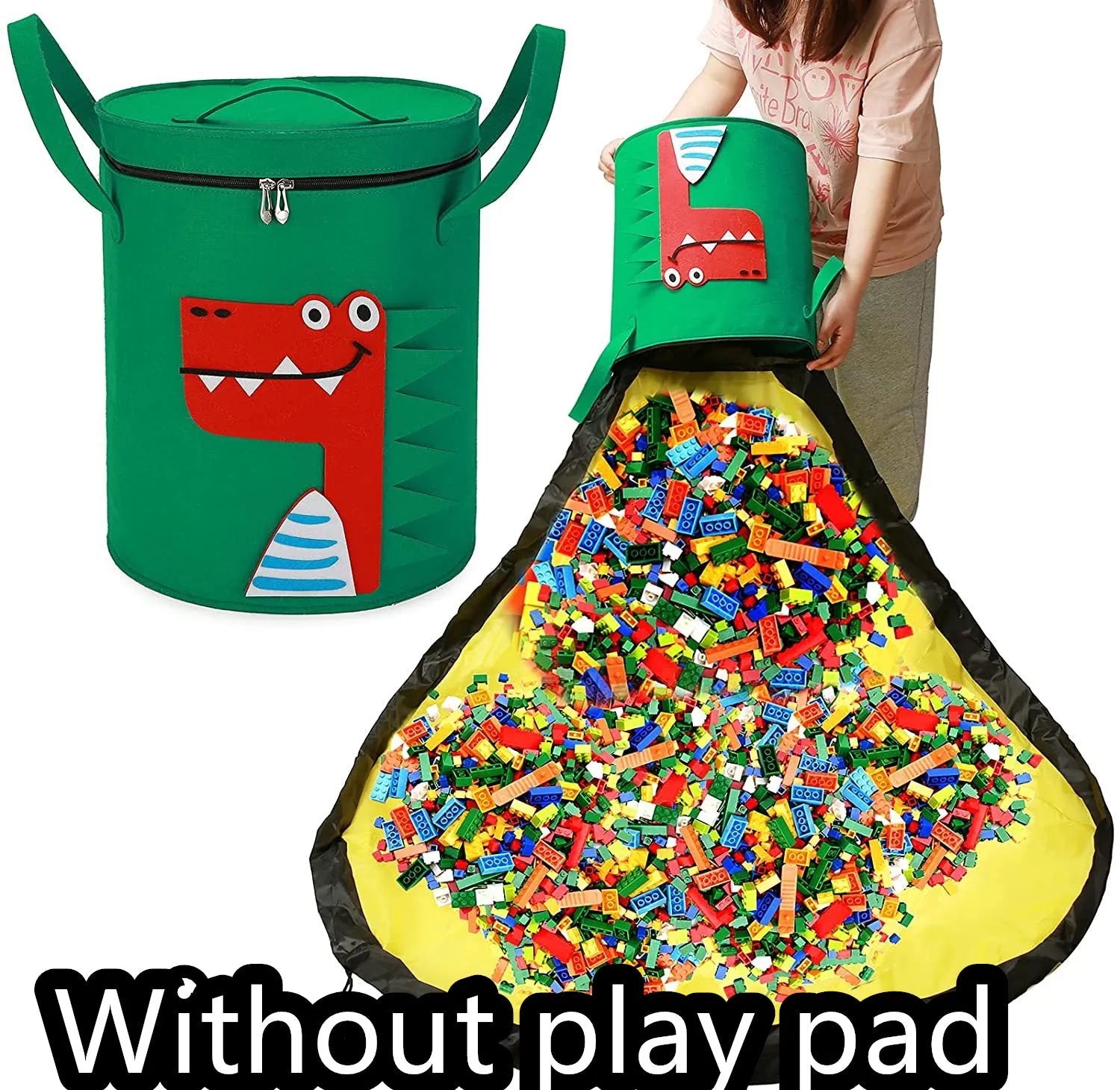 Green cube-shaped felt storage bag with pull rope lying flat as a play mat.