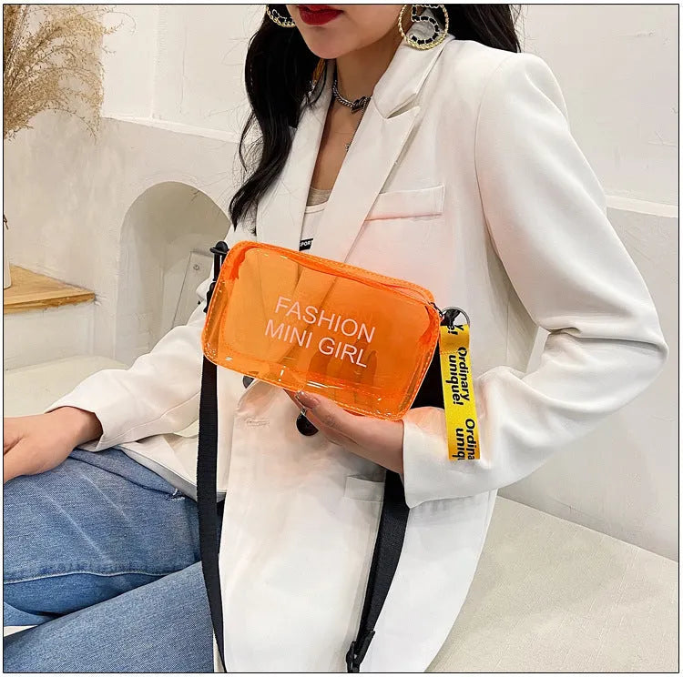 Transparent square jelly shoulder bag with single diagonal cross strap in various colour options