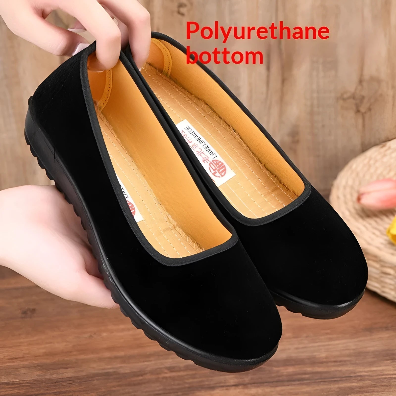 Women's Old Beijing cloth shoes black solid colour round toe polyurethane sole flat heel