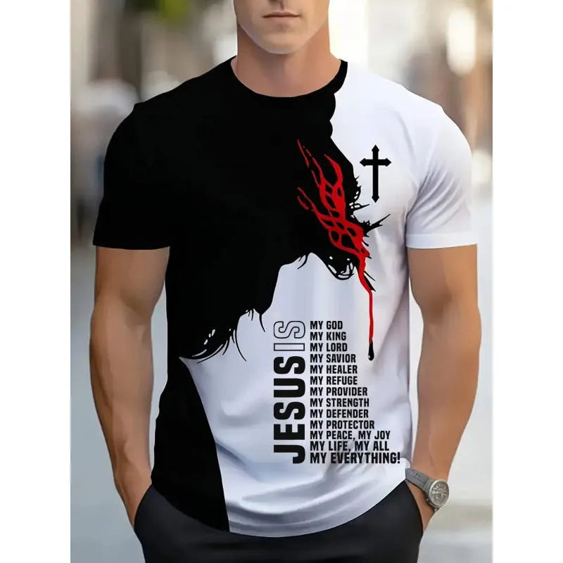 Men's loose fit short-sleeved T-shirt with digital 3D printed striped pattern in polyester fabric