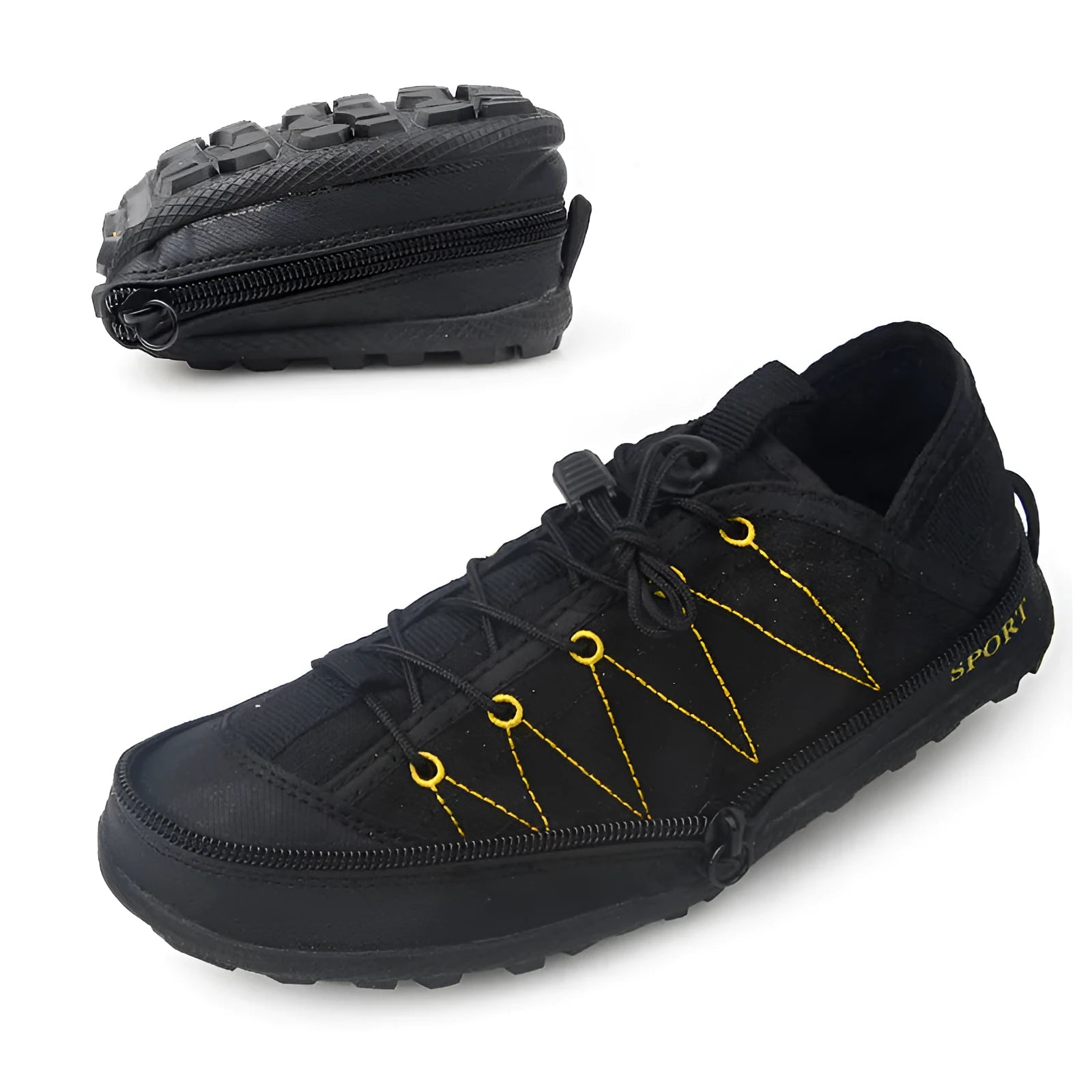 Men's folding outdoor hiking shoes with side zipper in black, grey, or orange colours.