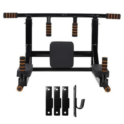 Black wall-mounted steel fitness rack with sandbag mounts and parallel pull-up bars