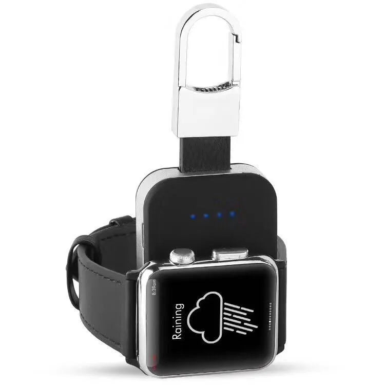 Black Apple Watch wireless charging power bank keychain with compact rectangular design