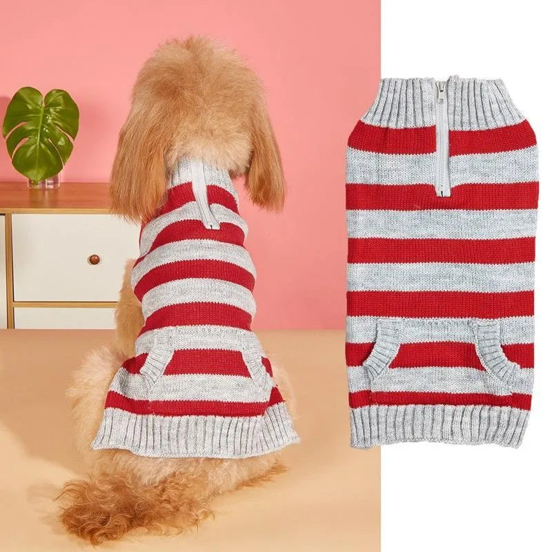 Grey dog sweater with horizontal zipper and button pocket on a small canine
