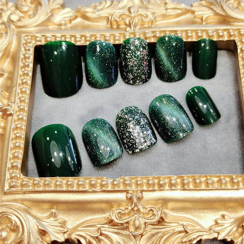 Emerald green plastic fake nail patches with flashing diamond finish 24 pieces