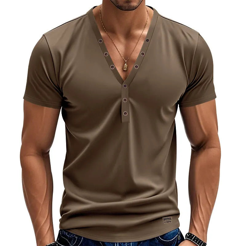 Men's loose solid-colour V-neck top with button detail on a hanger.