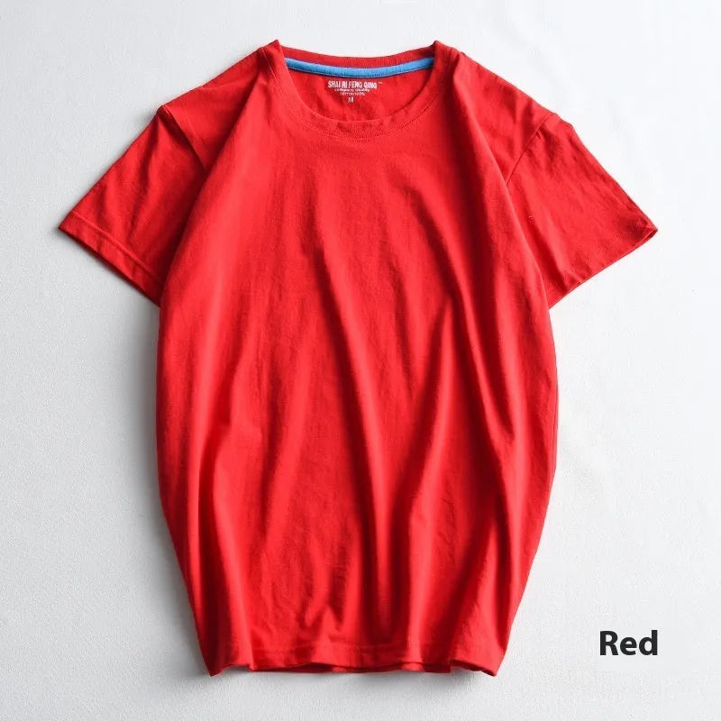 Men's solid colour cotton round neck t-shirt on hanger showing short sleeve design
