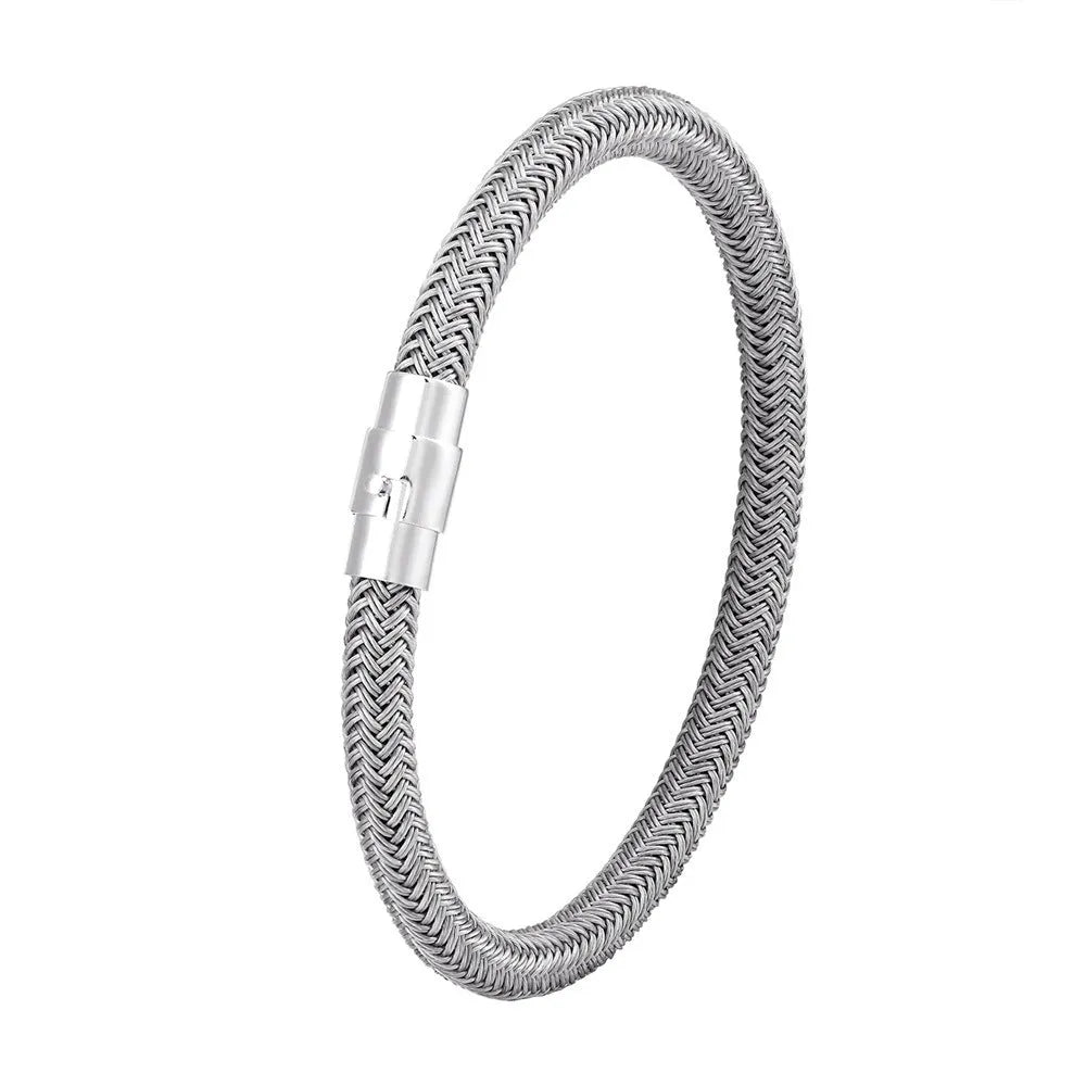 Titanium steel geometric wire bracelet with magnetic clasp shown in silver tone