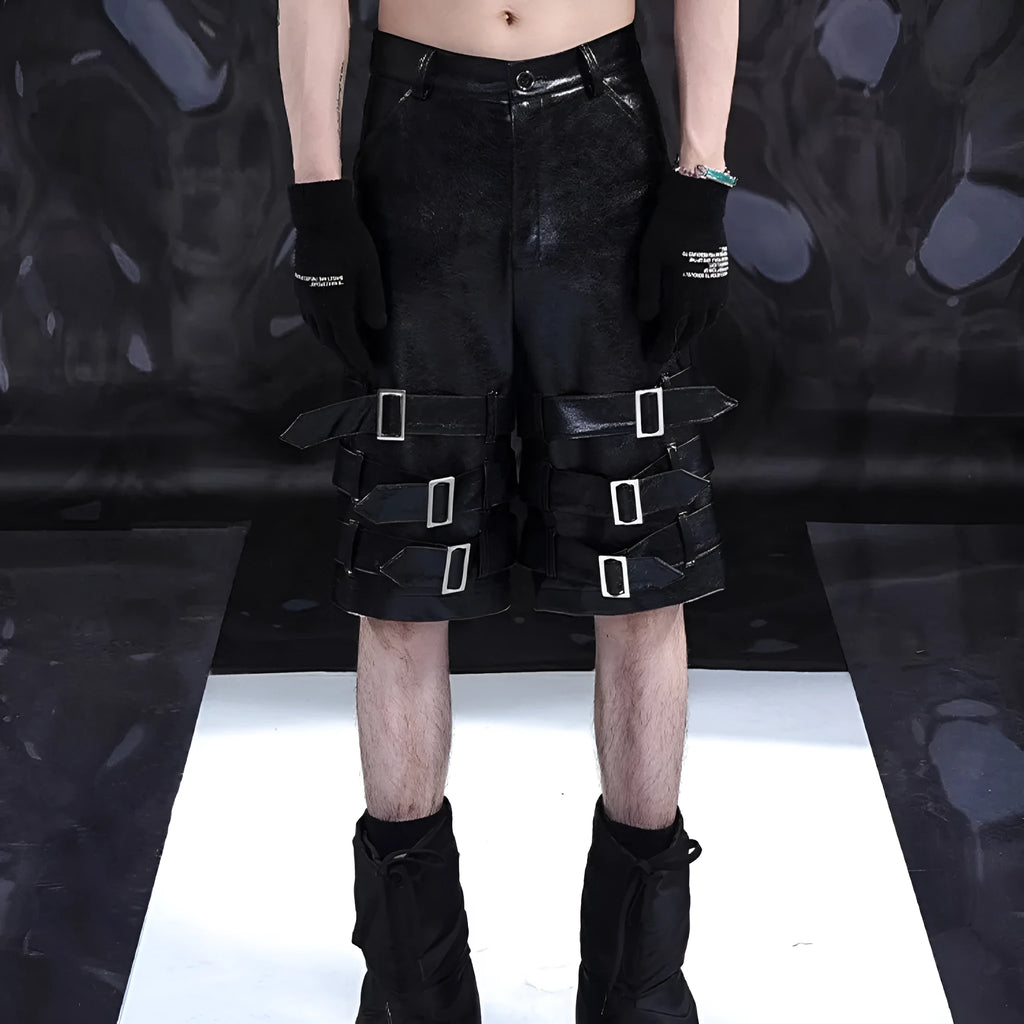 Men's black PU leather cropped shorts with ring detailing and medium-low waist