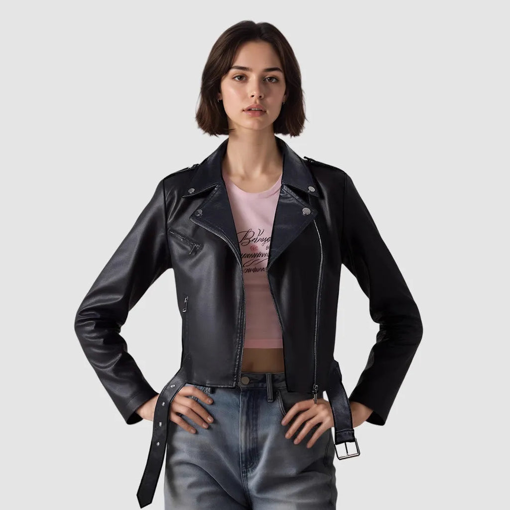Women's black PU imitation leather motorcycle jacket with short lapel and waist belt