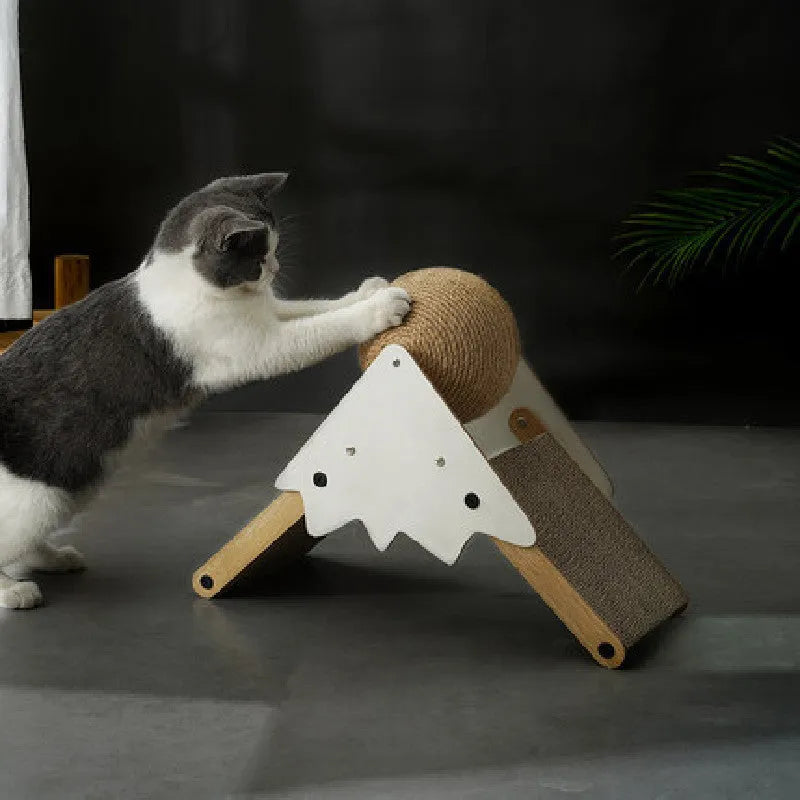 Sisal and corrugated paper cat grasping ball scratch board in snow mountain colour, 45x20x35cm size