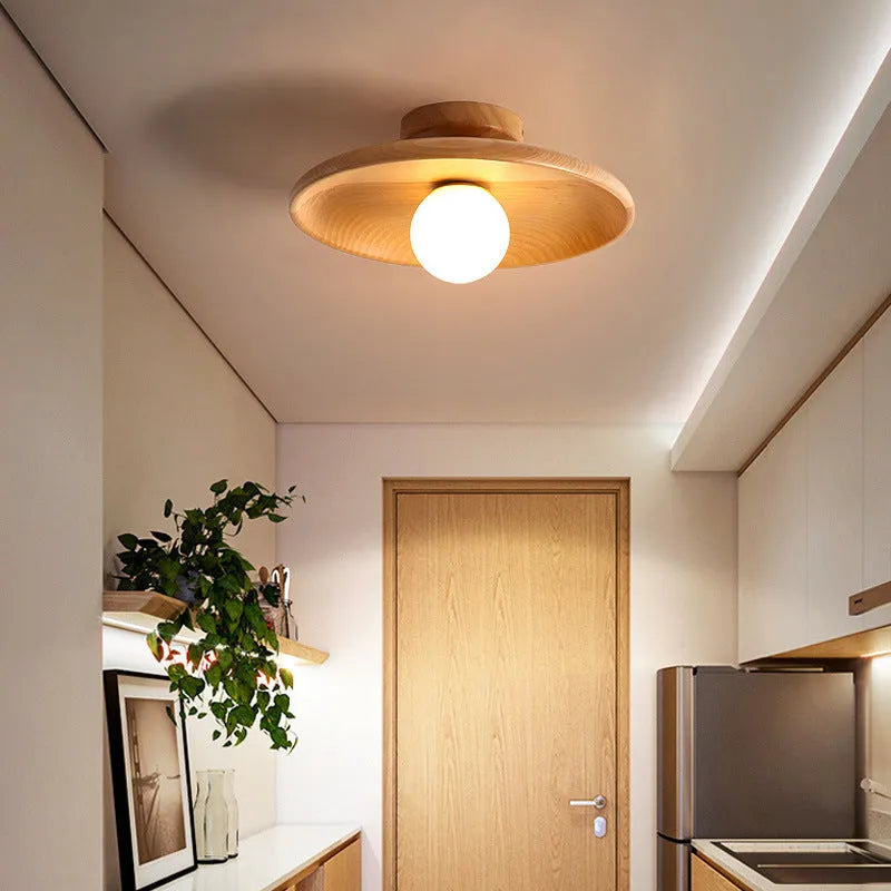 Minimalist solid wood and glass ceiling lamp in a walnut colour finish