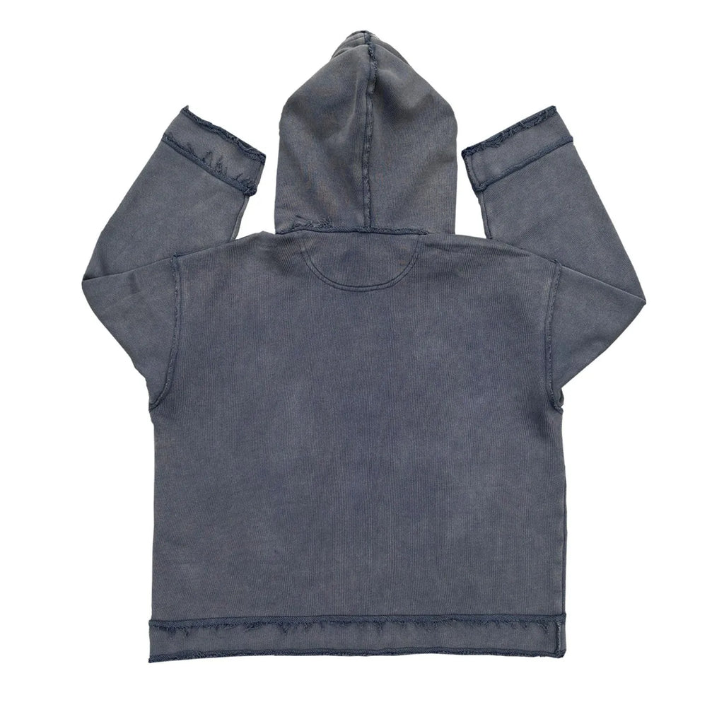 Dark blue hoodie sweater showing front view with hood