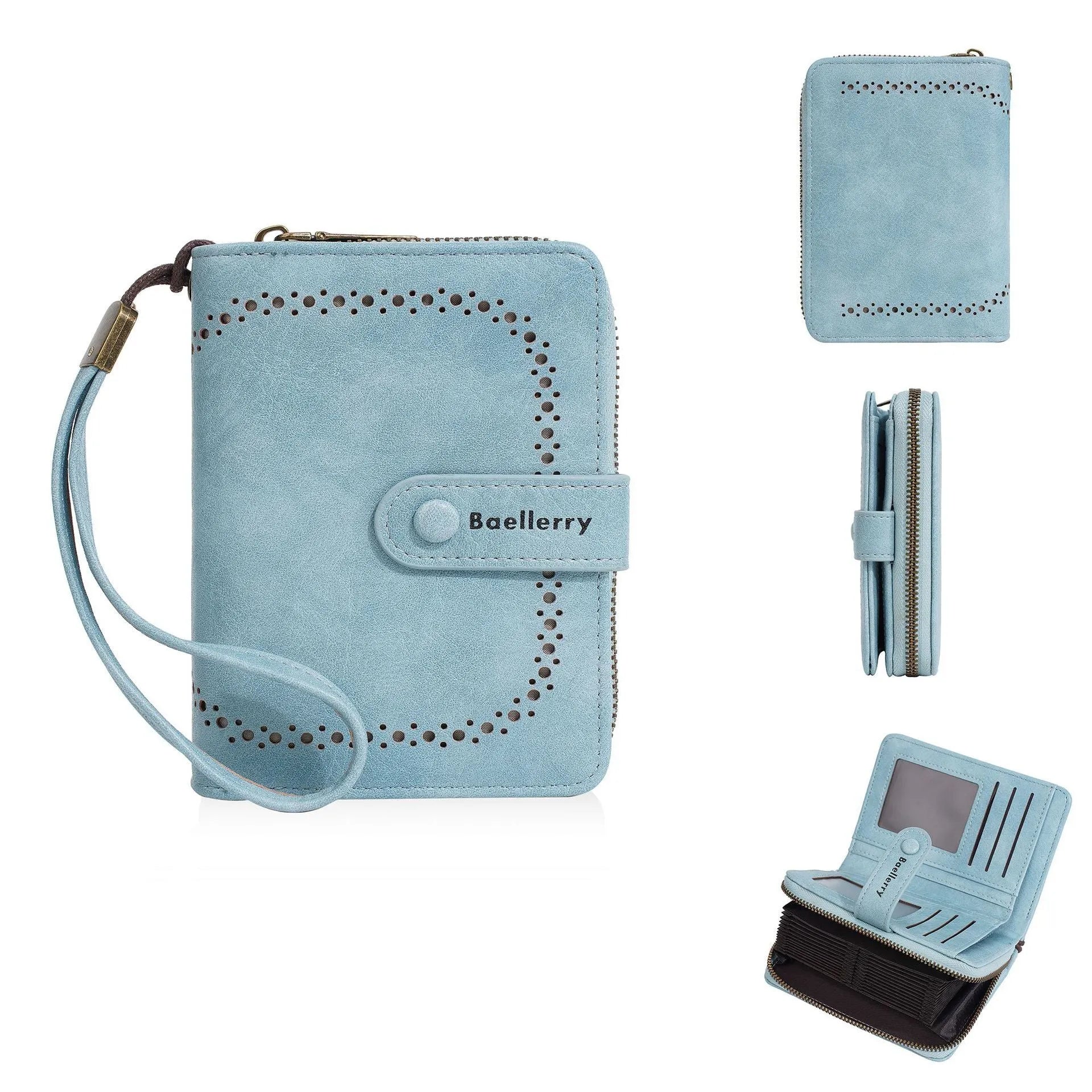Women's black PU zipper coin purse showing integrated card slots and compact design