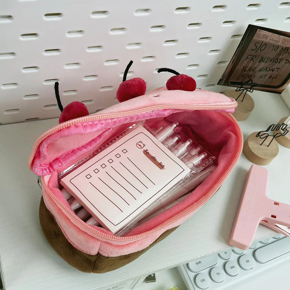 Korean style Cherry Cake design plush velvet pencil bag for pen organisation