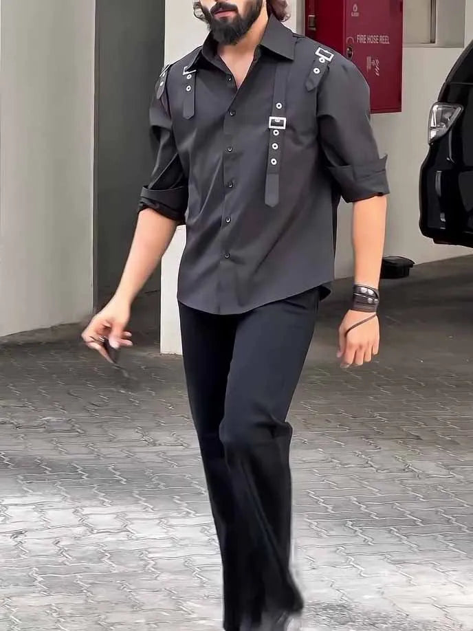 Men's black utility-style button-up shirt with a regular fit on a model.