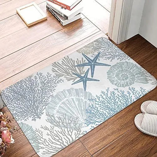 Personalised flannel floor mat in a choice of coastal starfish, cherry, or cow print designs on polyester fabric.