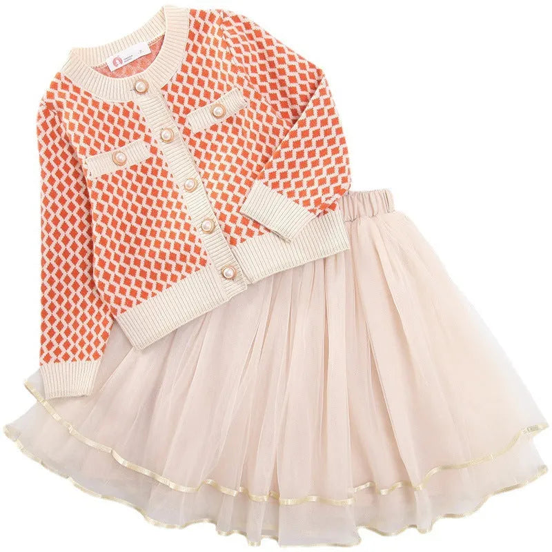 Girls' orange modal two-piece suit with A-line skirt for heights 100cm to 160cm