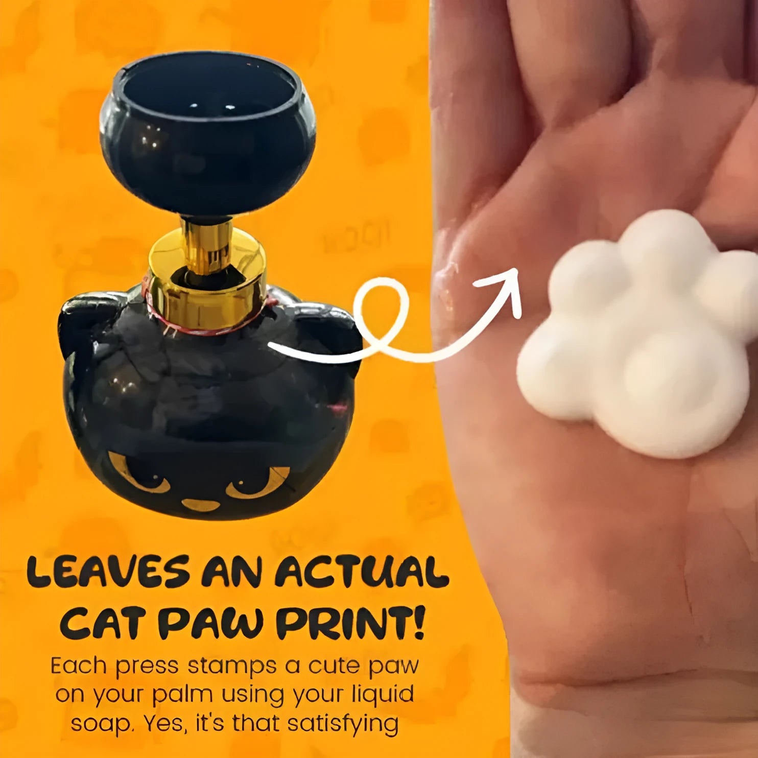 Black plastic cartoon cat-shaped foam soap extrusion dispenser on a bathroom countertop.