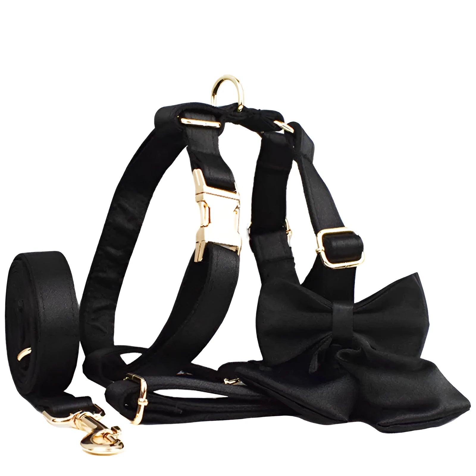 Cloth dog collar, leash, bow, and vest set shown on a model, available in S M L XL sizes.